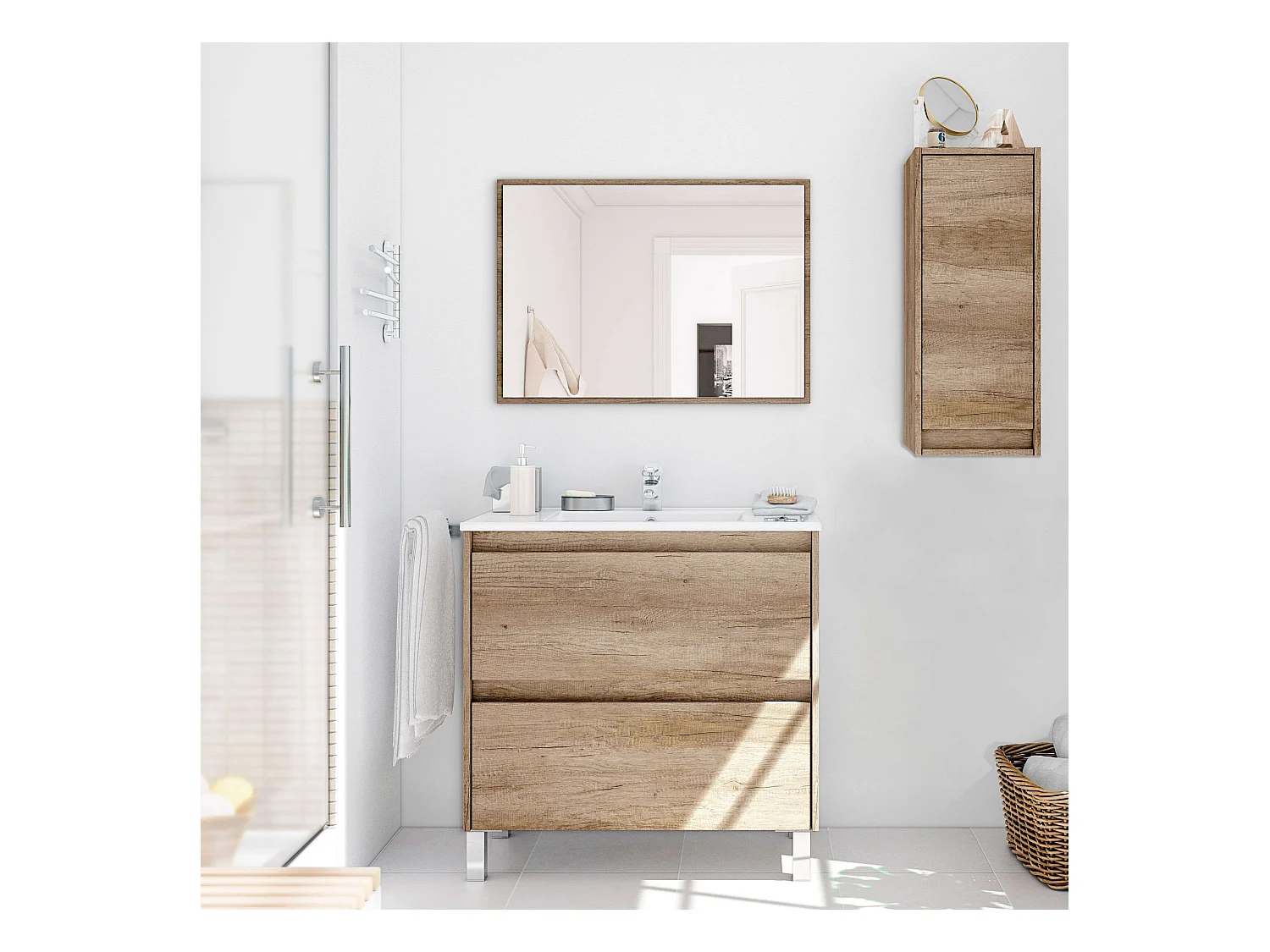 Mueble Baño Zenda Natural Roble Nordik con Espejo y 2 Cajones 80x80x45 cm