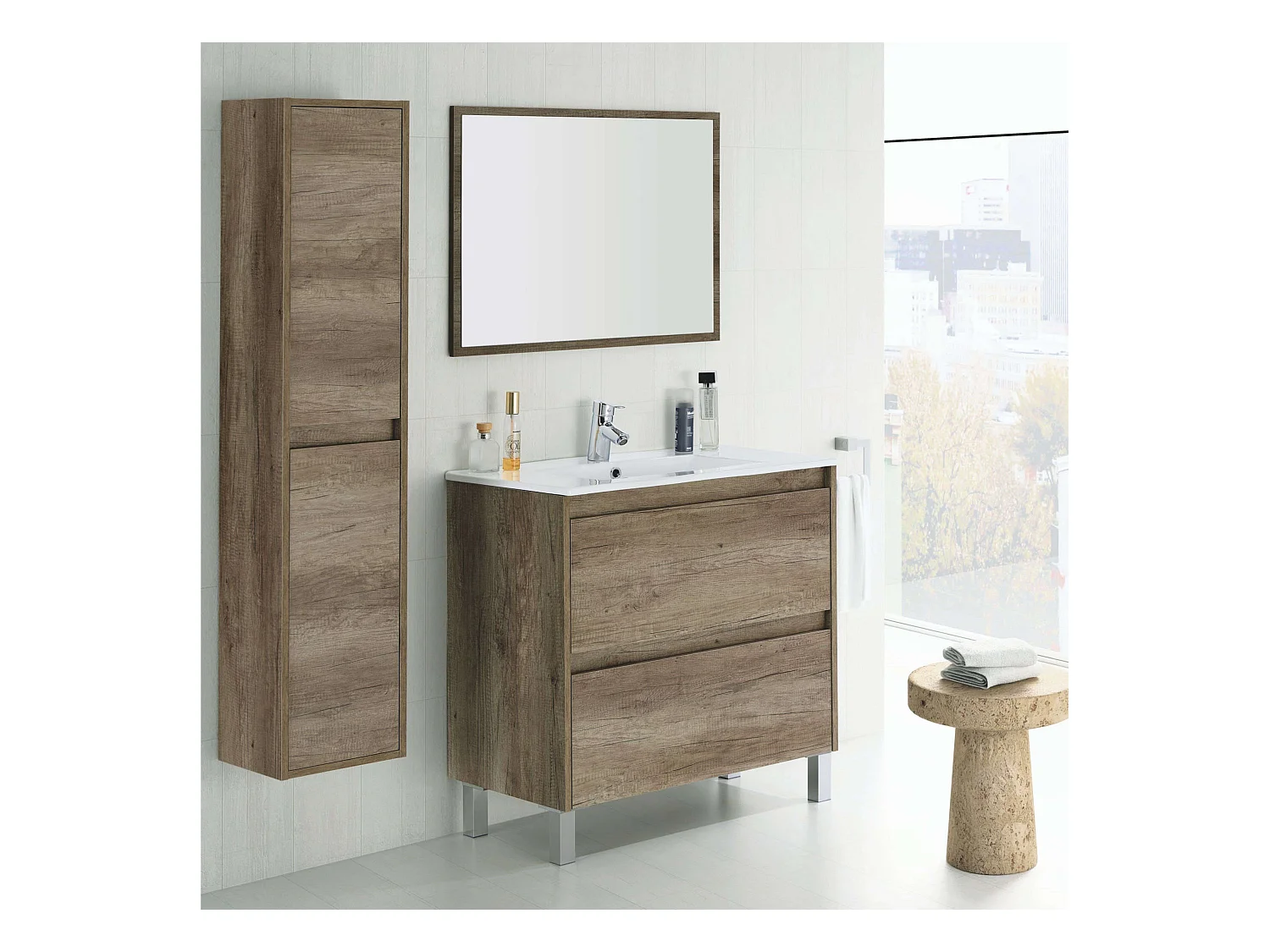 Mueble Baño Zenda Natural Roble Nordik con Espejo y 2 Cajones 80x80x45 cm