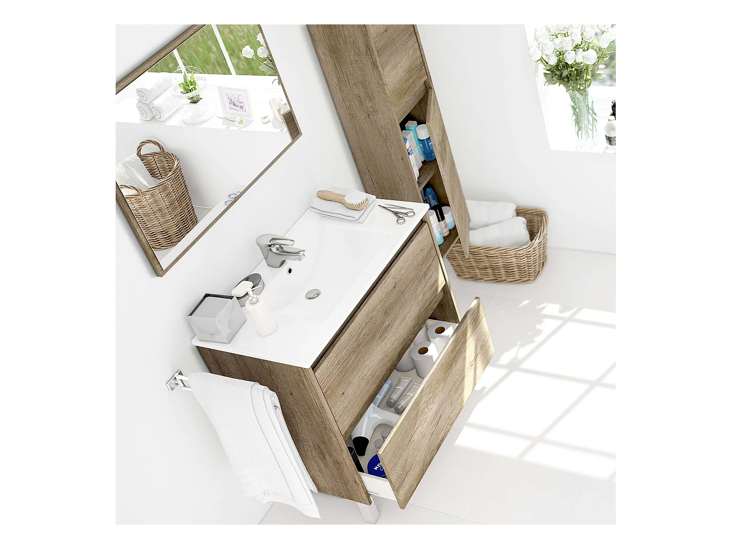 Mueble Baño Zenda Natural Roble Nordik con Espejo y 2 Cajones 80x80x45 cm