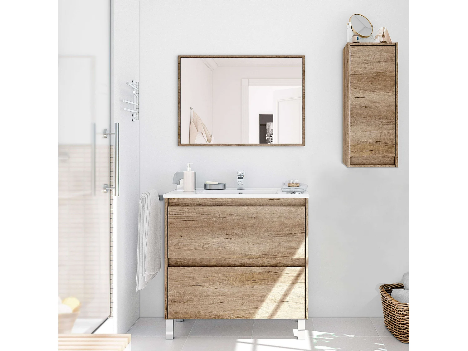 Mueble Baño Zenda Natural Roble Nordik con Espejo y 2 Cajones 80x80x45 cm