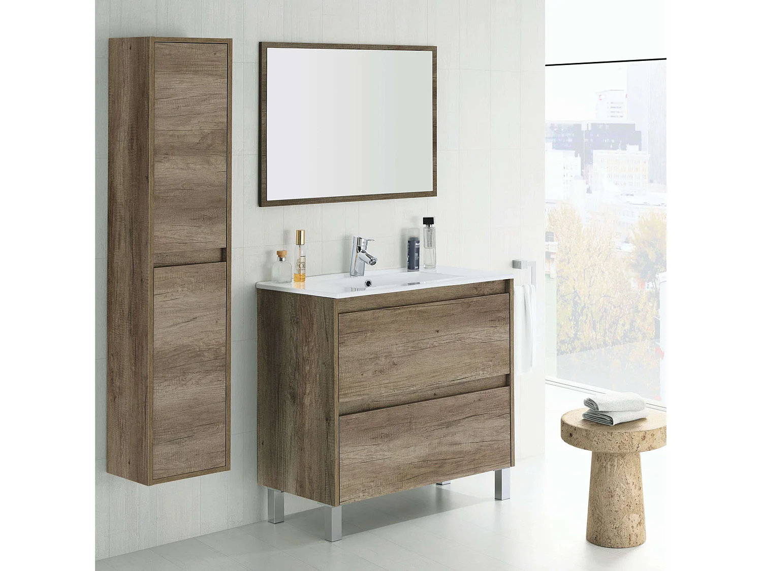 Mueble Baño Zenda Natural Roble Nordik con Espejo y 2 Cajones 80x80x45 cm