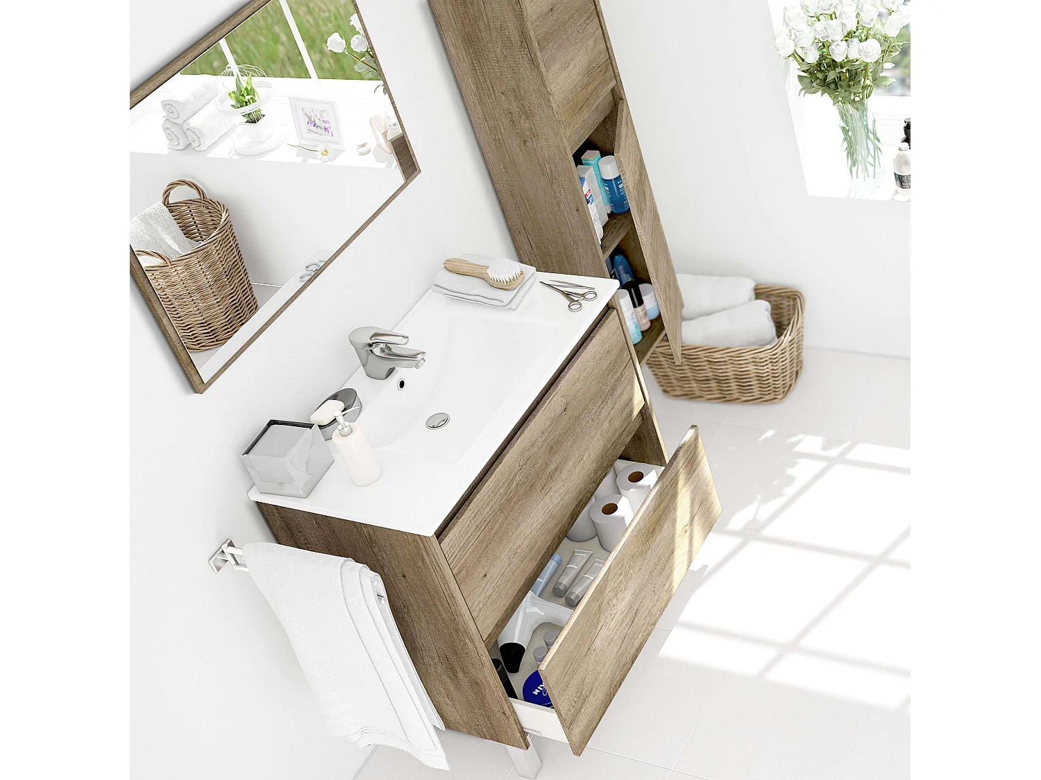 Mueble Baño Zenda Natural Roble Nordik con Espejo y 2 Cajones 80x80x45 cm