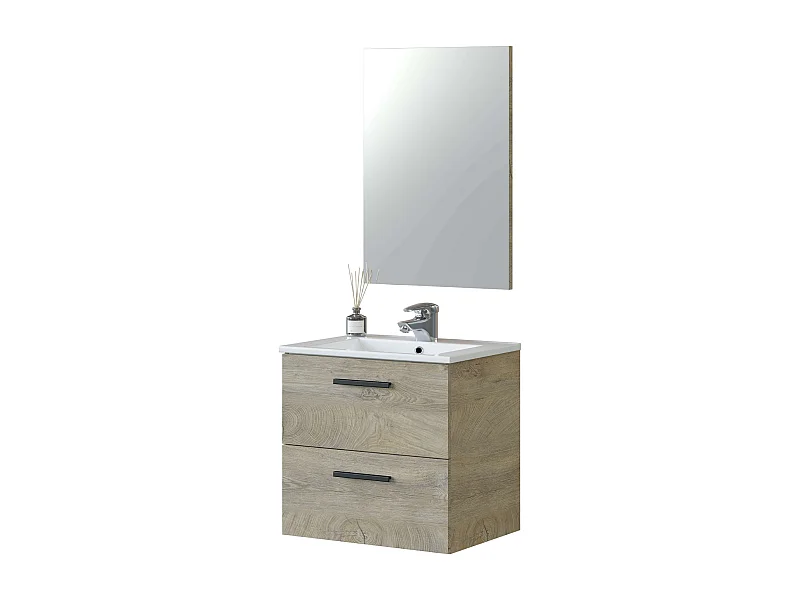 Mueble Baño Aruba Estilo Natural Roble Alaska 2 Cajones + Espejo 57x60x45 cm