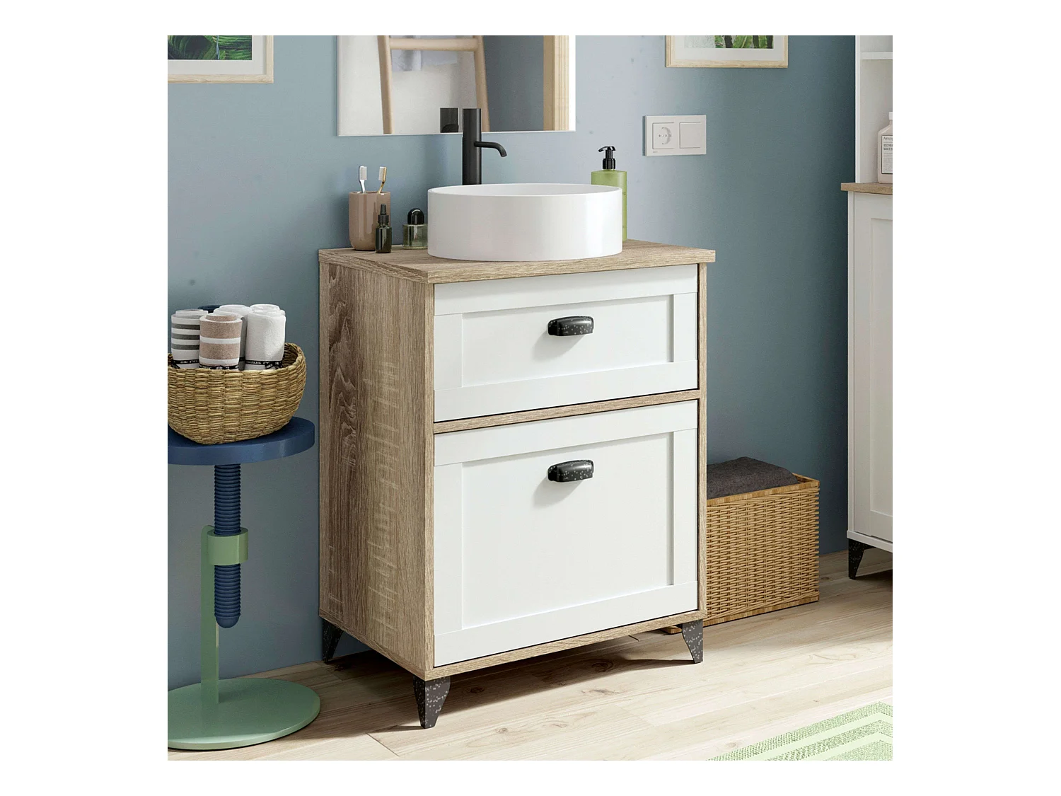 Meuble de salle de bain 61 cm Toscana 2 tiroirs Blanc nordique et chêne cambrien