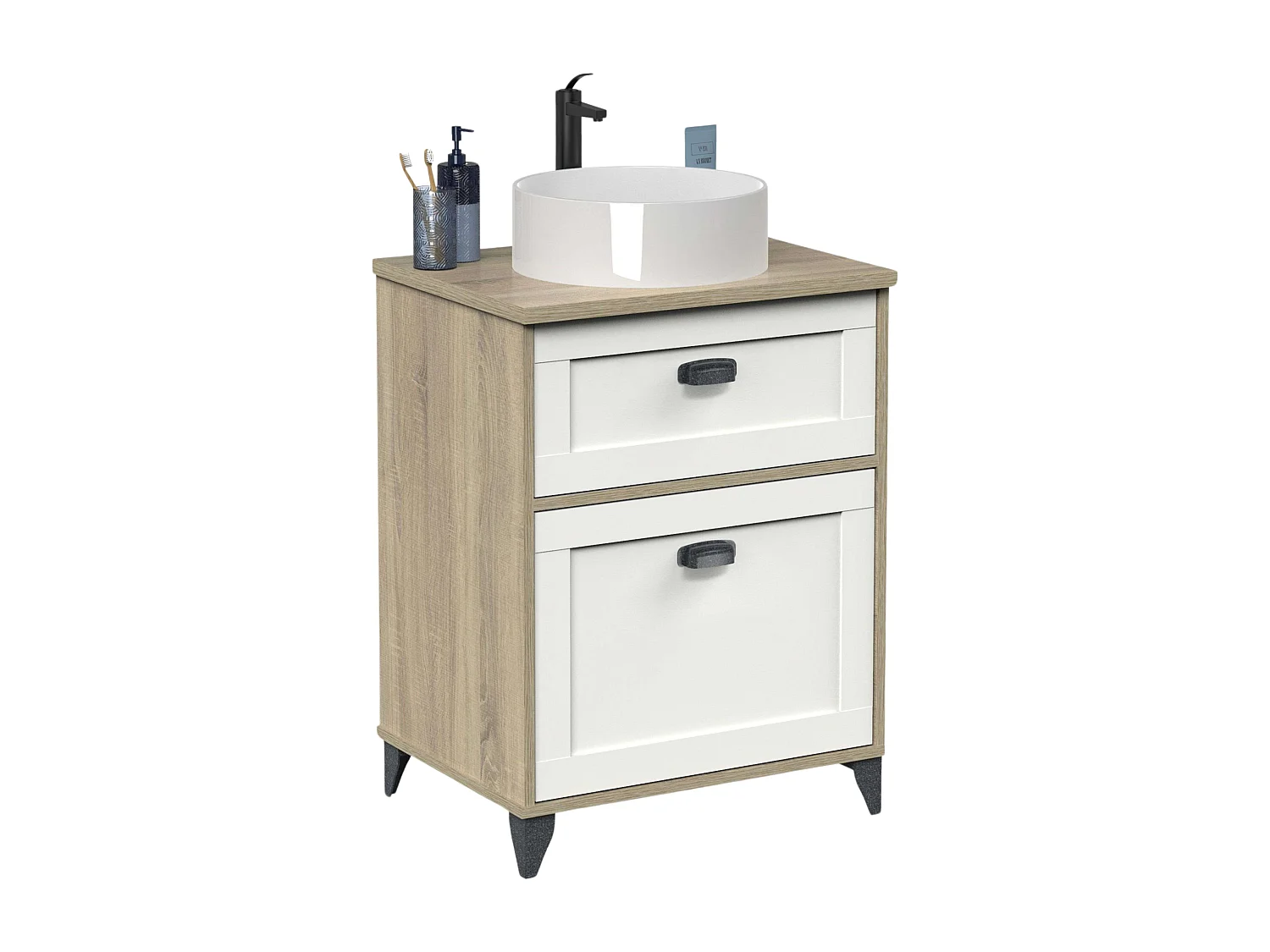 Mueble Baño 61cm Toscana 2 Cajones Nórdico Blanco y Roble Cambrian