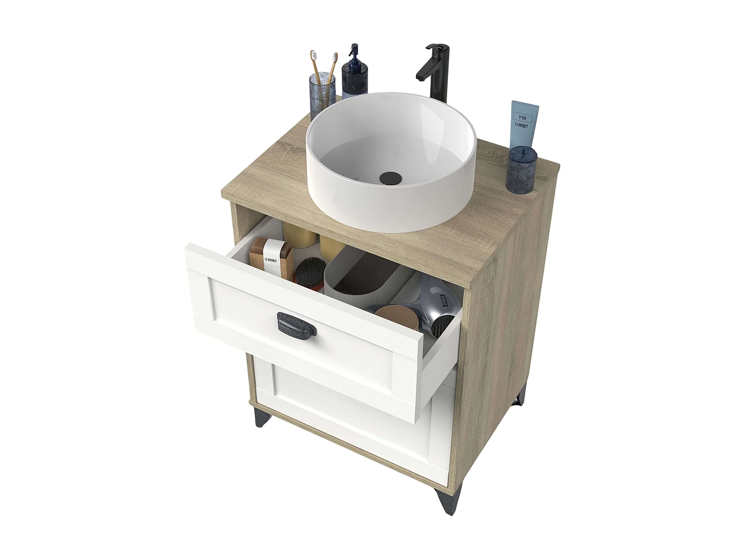 Mueble Baño 61cm Toscana 2 Cajones Nórdico Blanco y Roble Cambrian