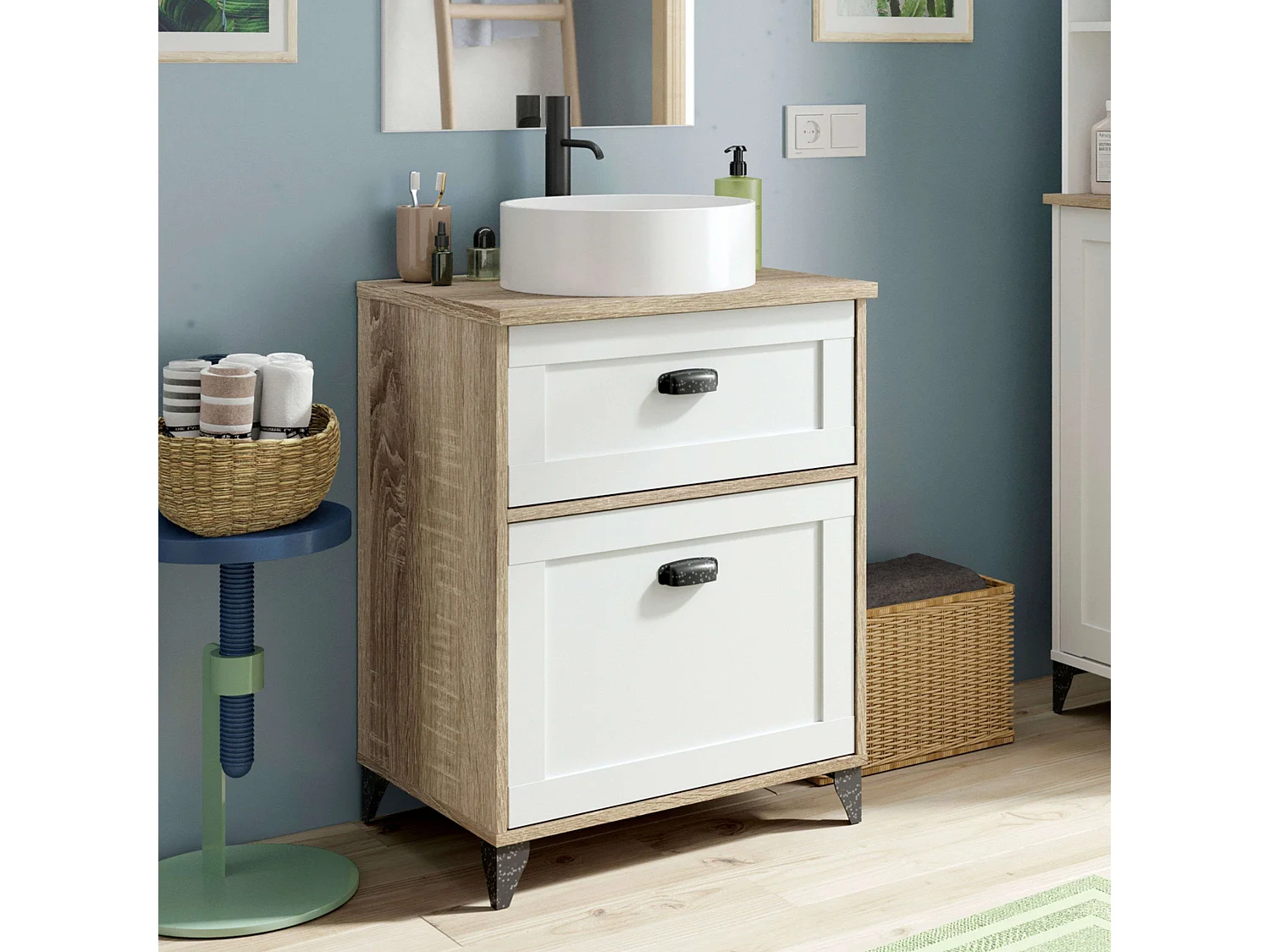 Mueble Baño 61cm Toscana 2 Cajones Nórdico Blanco y Roble Cambrian