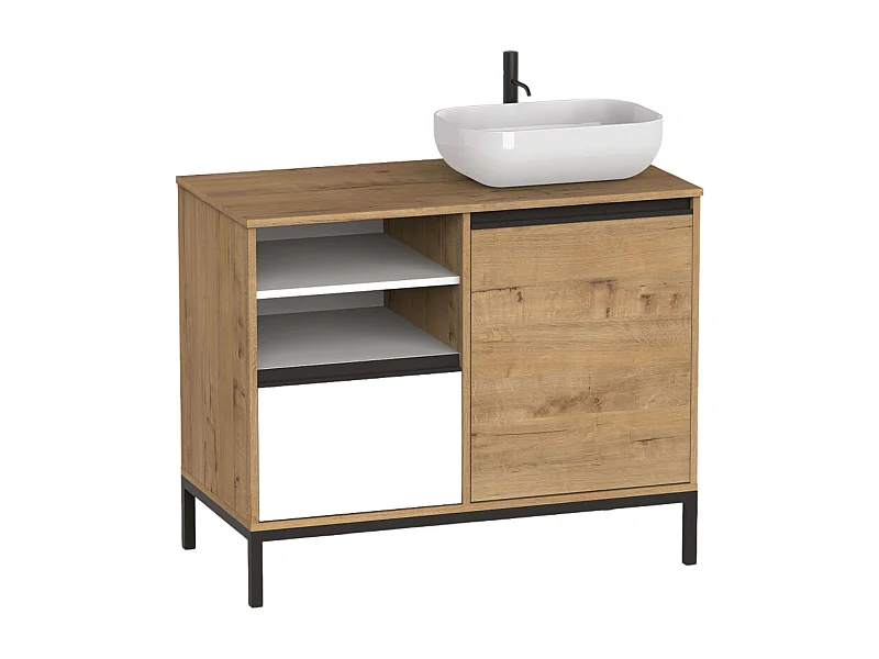 Meuble de salle de bain 100 cm Thames avec pieds (sans lavabo) Chêne doré Blanc