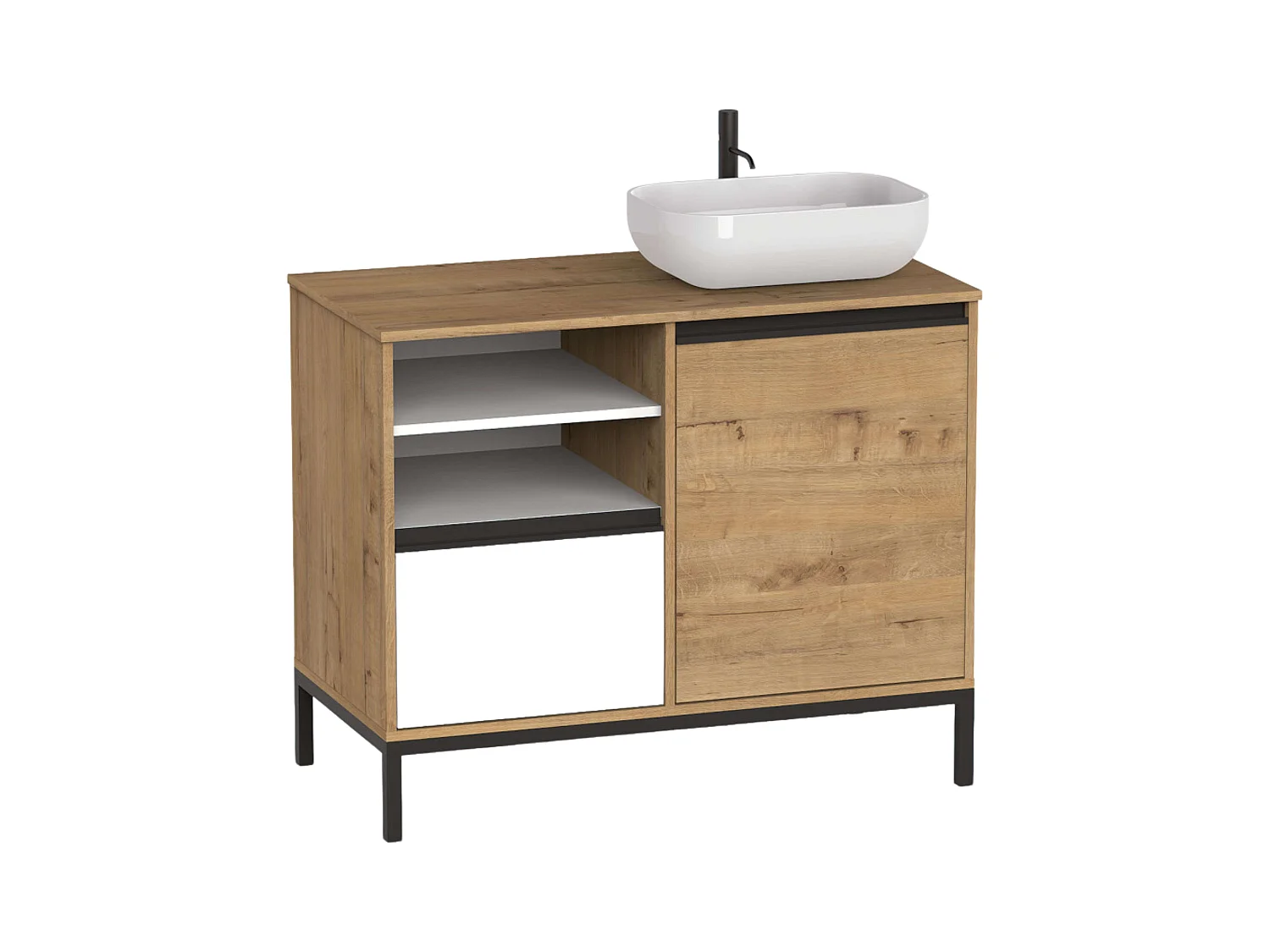 Meuble de salle de bain 100 cm Thames avec pieds (sans lavabo) Chêne doré Blanc