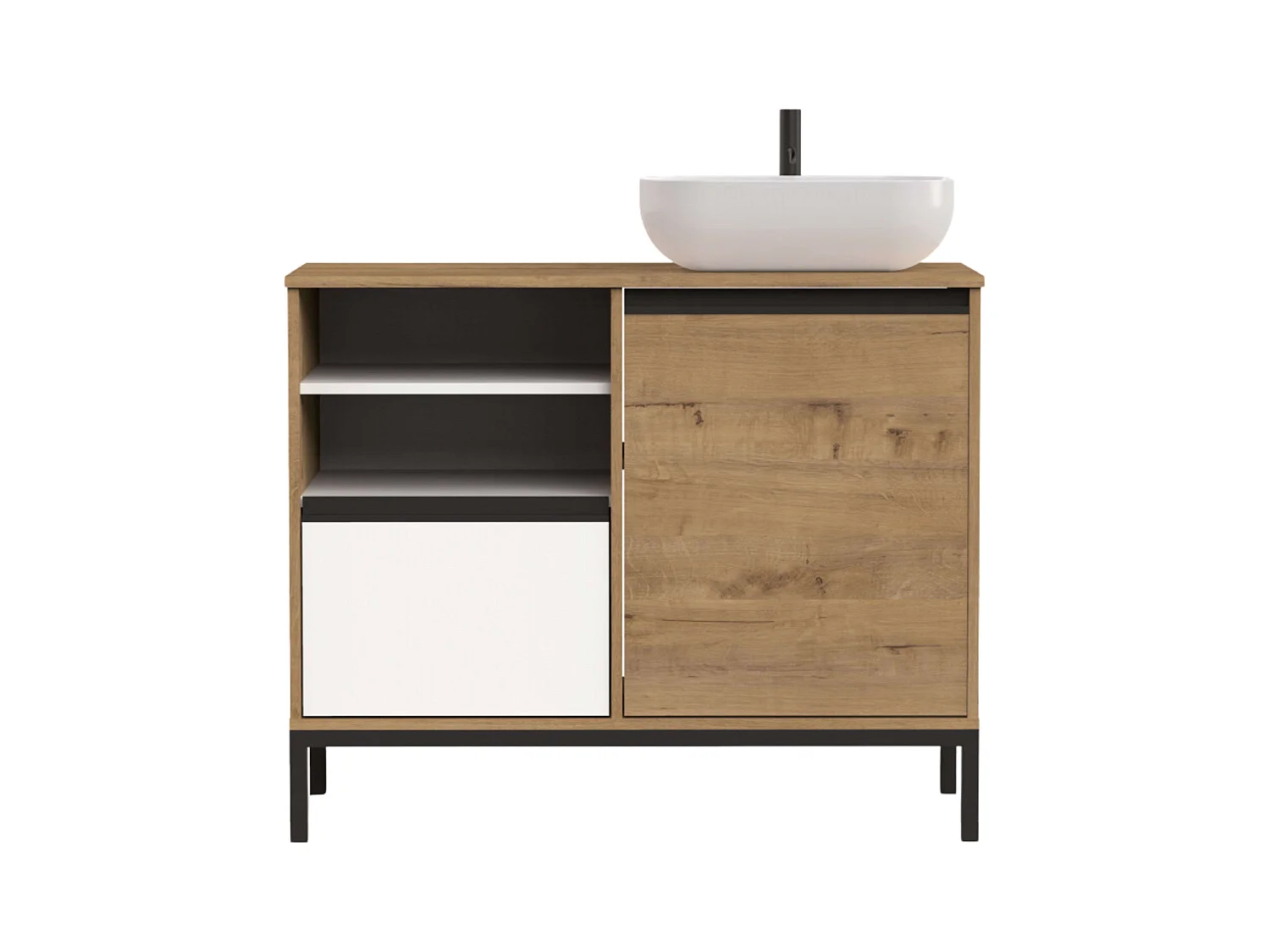 Meuble de salle de bain 100 cm Thames avec pieds (sans lavabo) Chêne doré Blanc