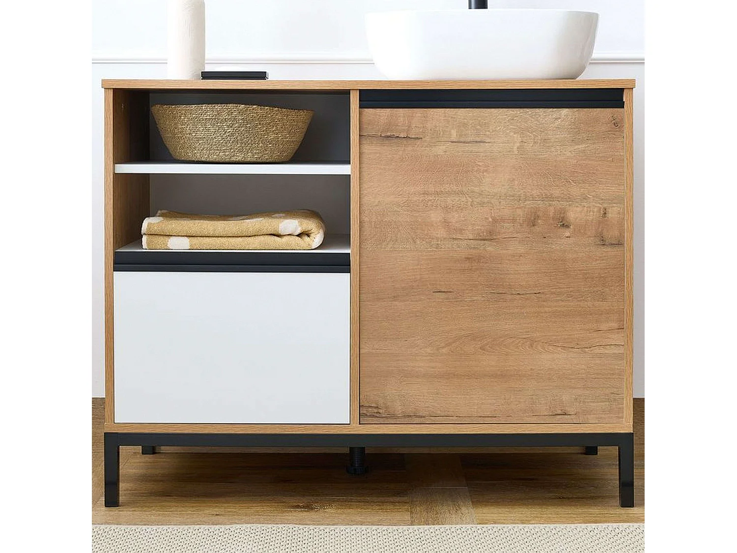 Meuble de salle de bain 100 cm Thames avec pieds (sans lavabo) Chêne doré Blanc