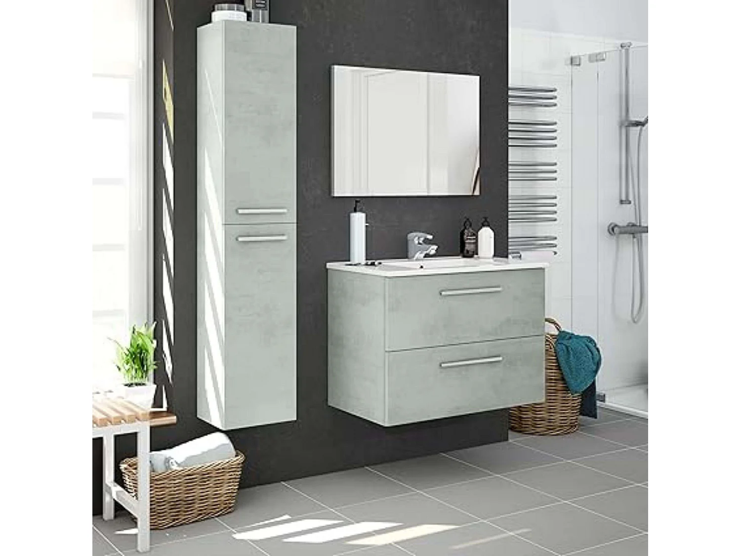 Mueble baño Plutón Indust. Color Cemento 2 Cajones Espejo 80x45x57 cm