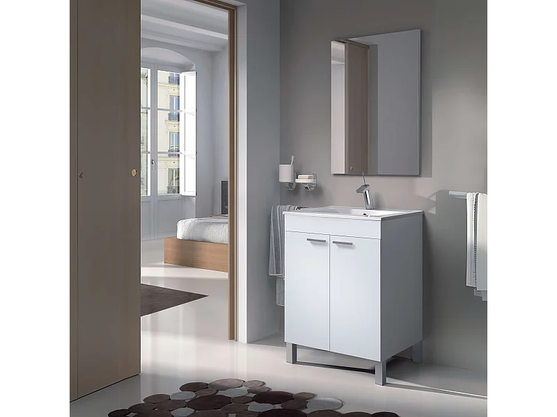 Mueble baño 2 puertas Blanco Brillo con espejo y lavamanos de ppmma