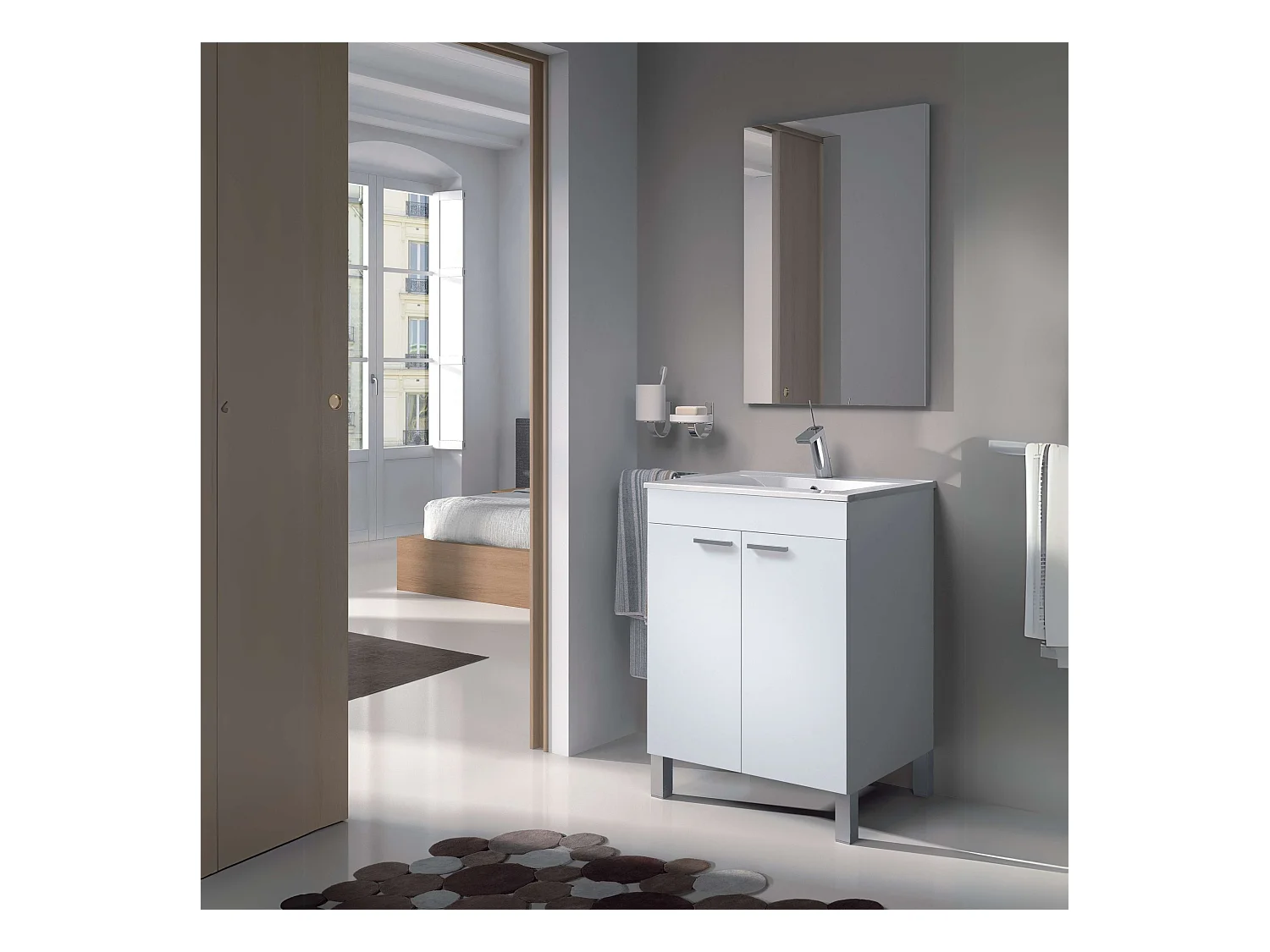 Mueble baño 2 puertas Blanco Brillo con espejo y lavamanos de ppmma