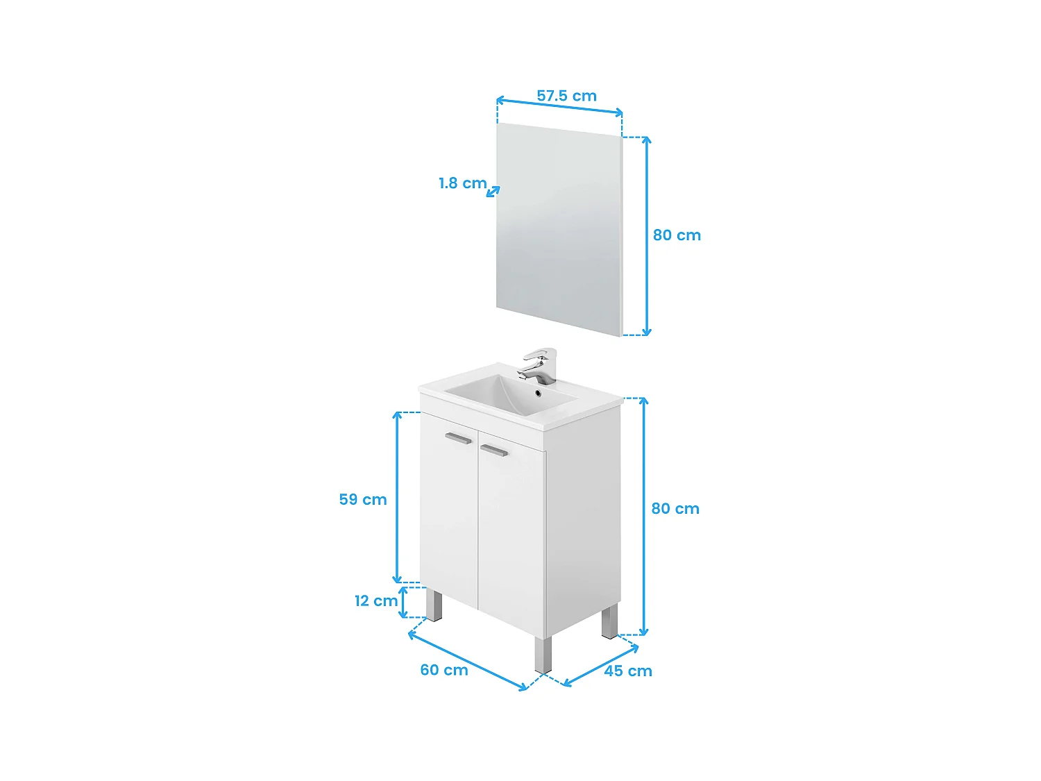 Mueble baño 2 puertas Blanco Brillo con espejo y lavamanos de ppmma