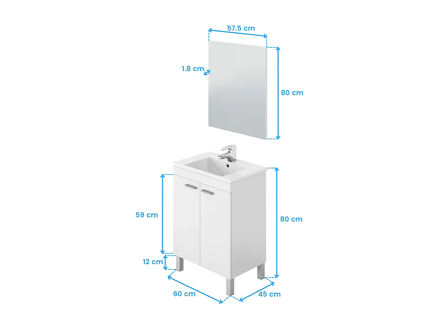 Mueble baño 2 puertas Blanco Brillo con espejo y lavamanos de ppmma