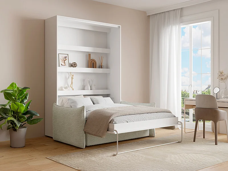 Letto estraibile 140 x 200 cm - Apertura verticale manuale - Con LED - Bianco + Materasso + Divano - RAPILI