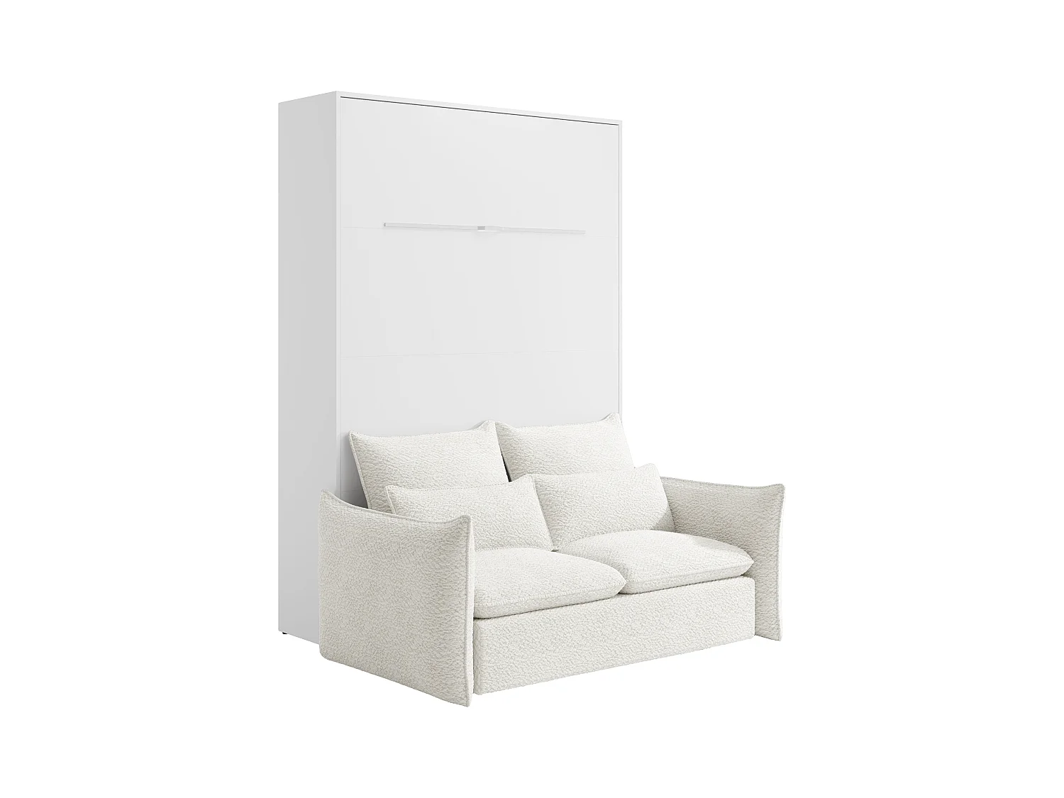 Inbyggbar säng 140 x 200 cm - Manuell vertikal öppning - Med LED-belysning - Vit + Madrass + Soffa - RAPILI