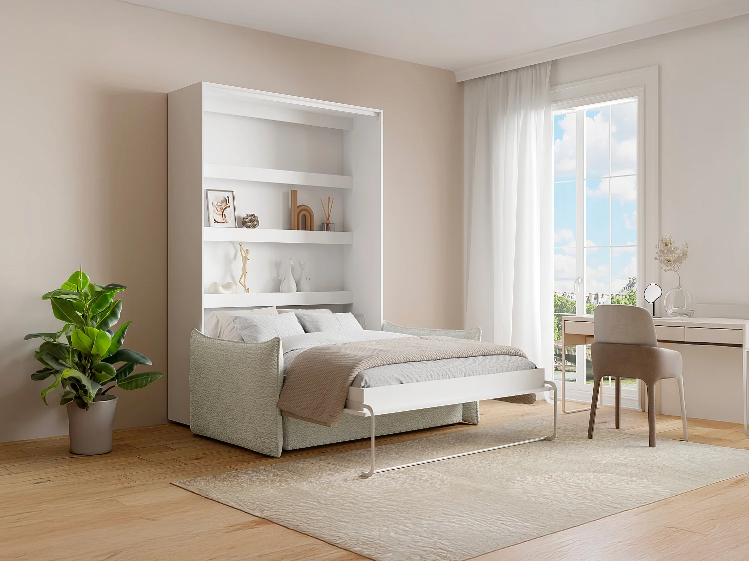 Lit escamotable 140 x 200 cm - Ouverture verticale manuelle - Avec LEDs - Blanc + Matelas + Canapé - RAPILI