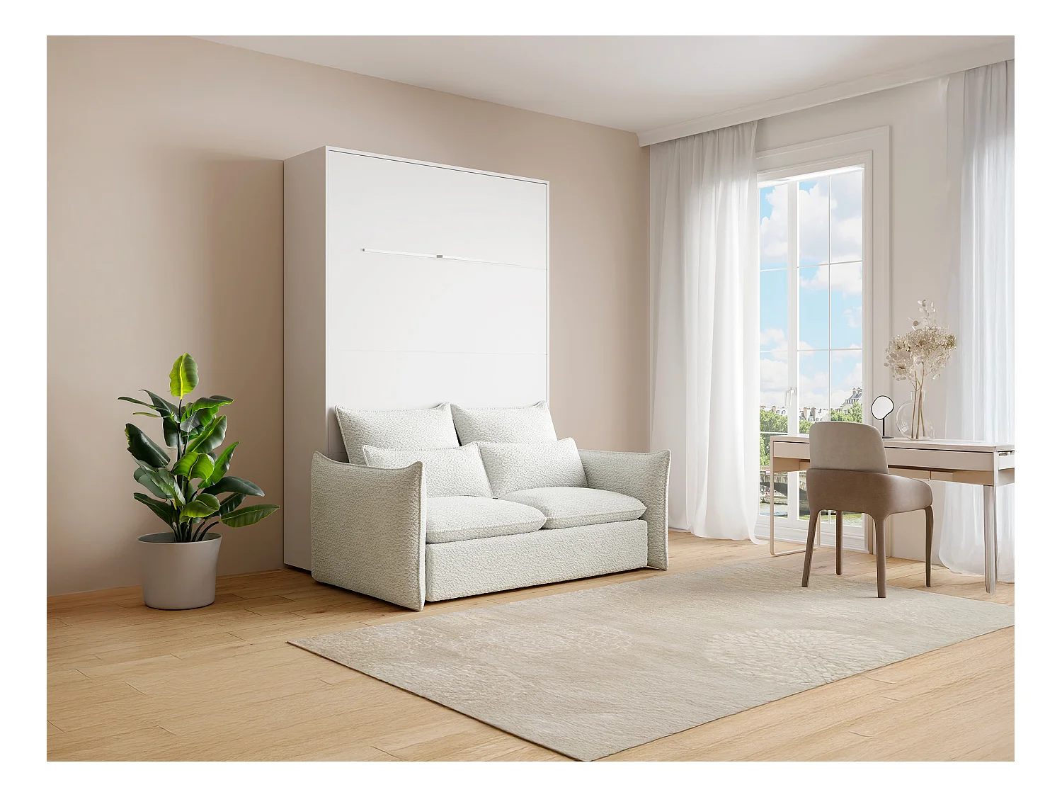 Inbyggbar säng 140 x 200 cm - Manuell vertikal öppning - Med LED-belysning - Vit + Madrass + Soffa - RAPILI