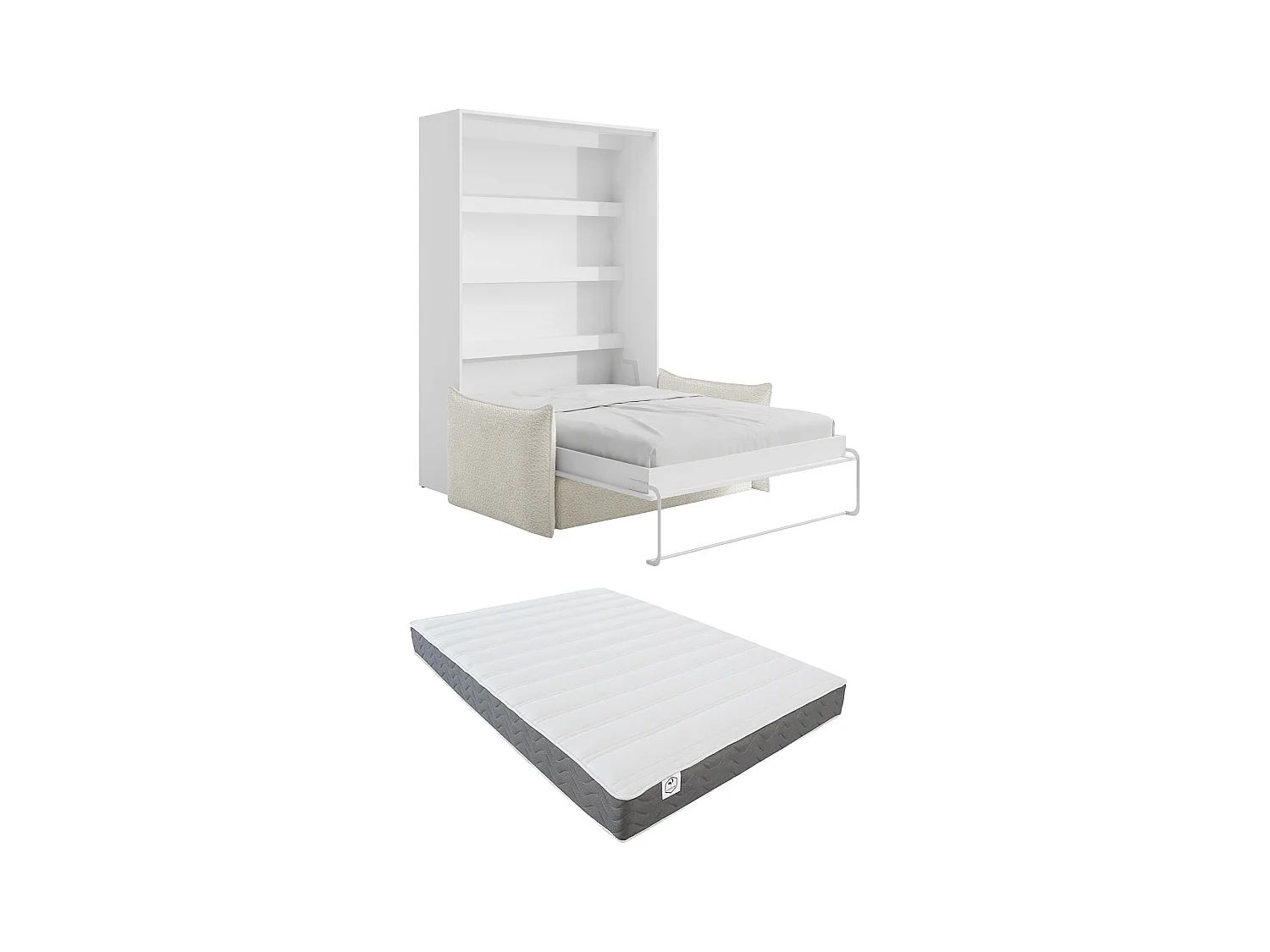 Inbyggbar säng 140 x 200 cm - Manuell vertikal öppning - Med LED-belysning - Vit + Madrass + Soffa - RAPILI