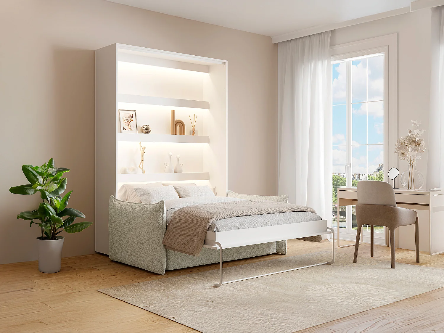 Lit escamotable 140 x 200 cm - Ouverture verticale manuelle - Avec LEDs - Blanc + Matelas + Canapé - RAPILI