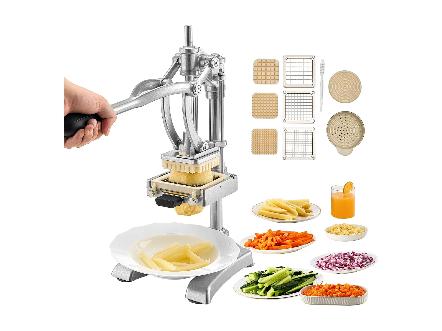 Coupe-Frites Pomme SucceBuy de Terre Professionnel Manuel, Coupe-Légumes et Fruits Multifonction, avec 3 Lames de Rechange 12,7/9,5/6,4 mm et 1 Lame à Jus