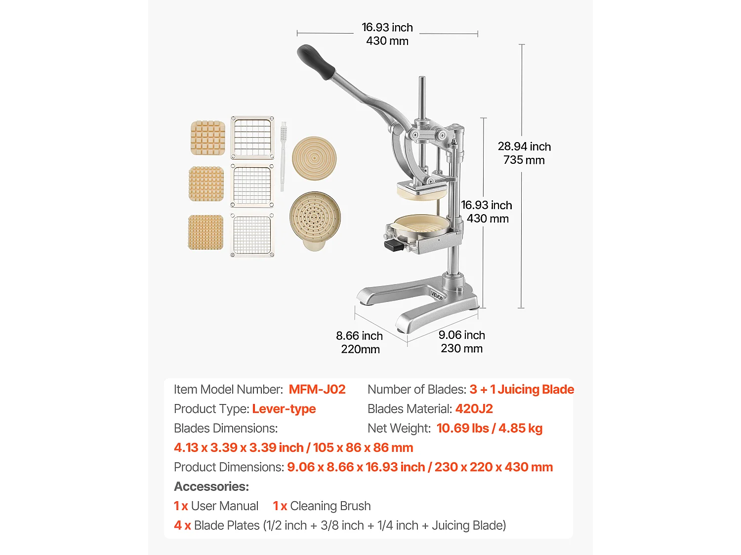 Coupe-Frites Pomme SucceBuy de Terre Professionnel Manuel, Coupe-Légumes et Fruits Multifonction, avec 3 Lames de Rechange 12,7/9,5/6,4 mm et 1 Lame à Jus