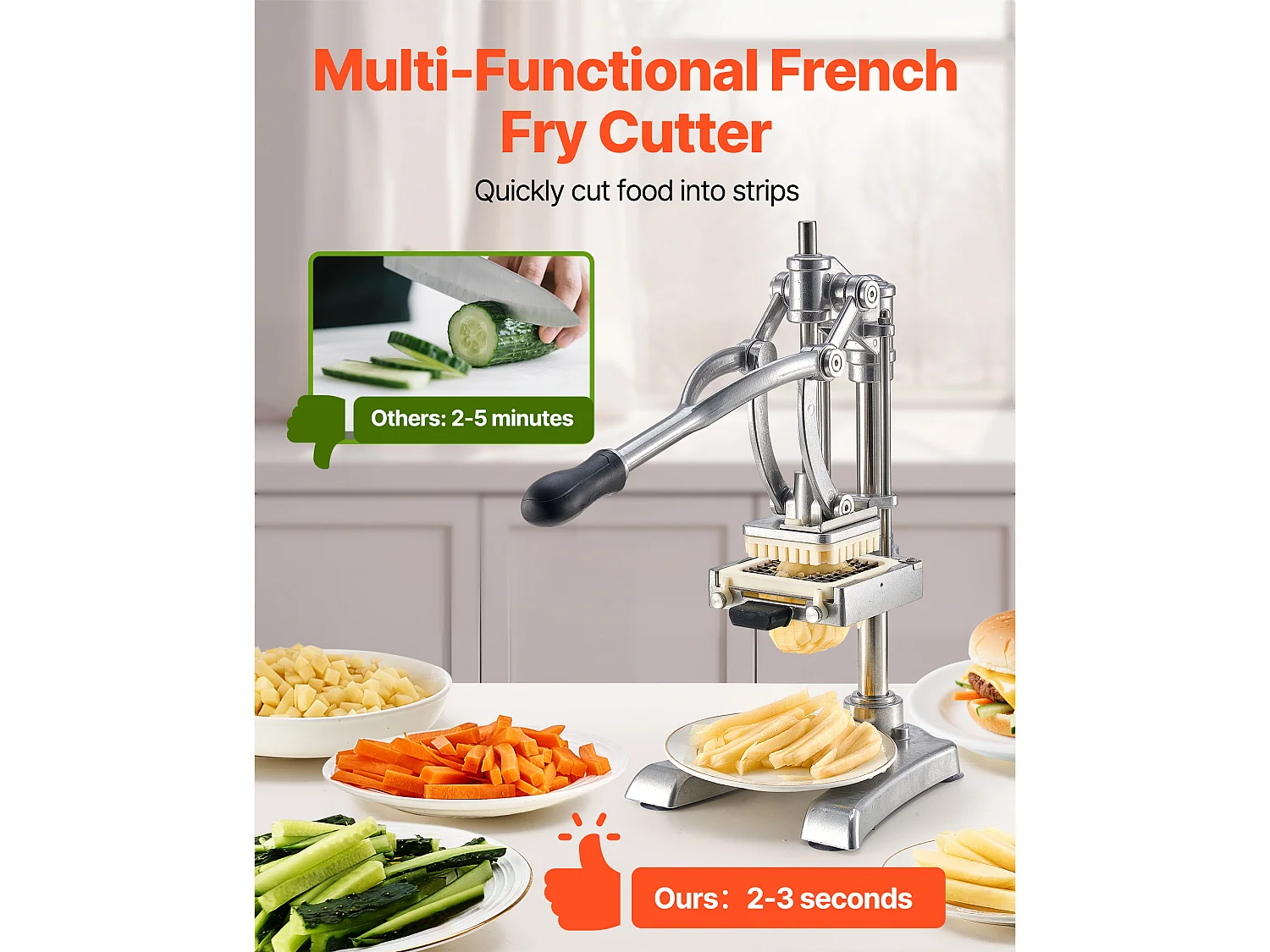 Coupe-Frites Pomme SucceBuy de Terre Professionnel Manuel, Coupe-Légumes et Fruits Multifonction, avec 3 Lames de Rechange 12,7/9,5/6,4 mm et 1 Lame à Jus