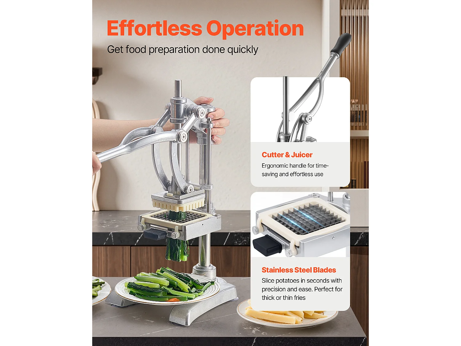 Coupe-Frites Pomme SucceBuy de Terre Professionnel Manuel, Coupe-Légumes et Fruits Multifonction, avec 3 Lames de Rechange 12,7/9,5/6,4 mm et 1 Lame à Jus