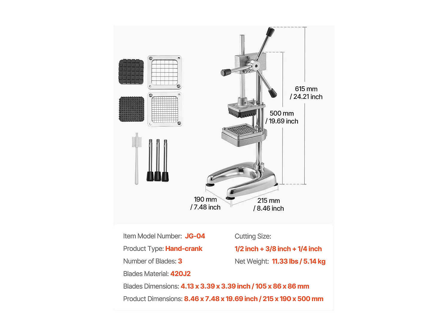 Coupe-Frites Pomme SucceBuy de Terre Professionnel Manuel, Coupe-Légumes et Fruits Multifonction, avec 3 Lames de Rechange 12,7 mm, 9,5 mm, 6,4 mm