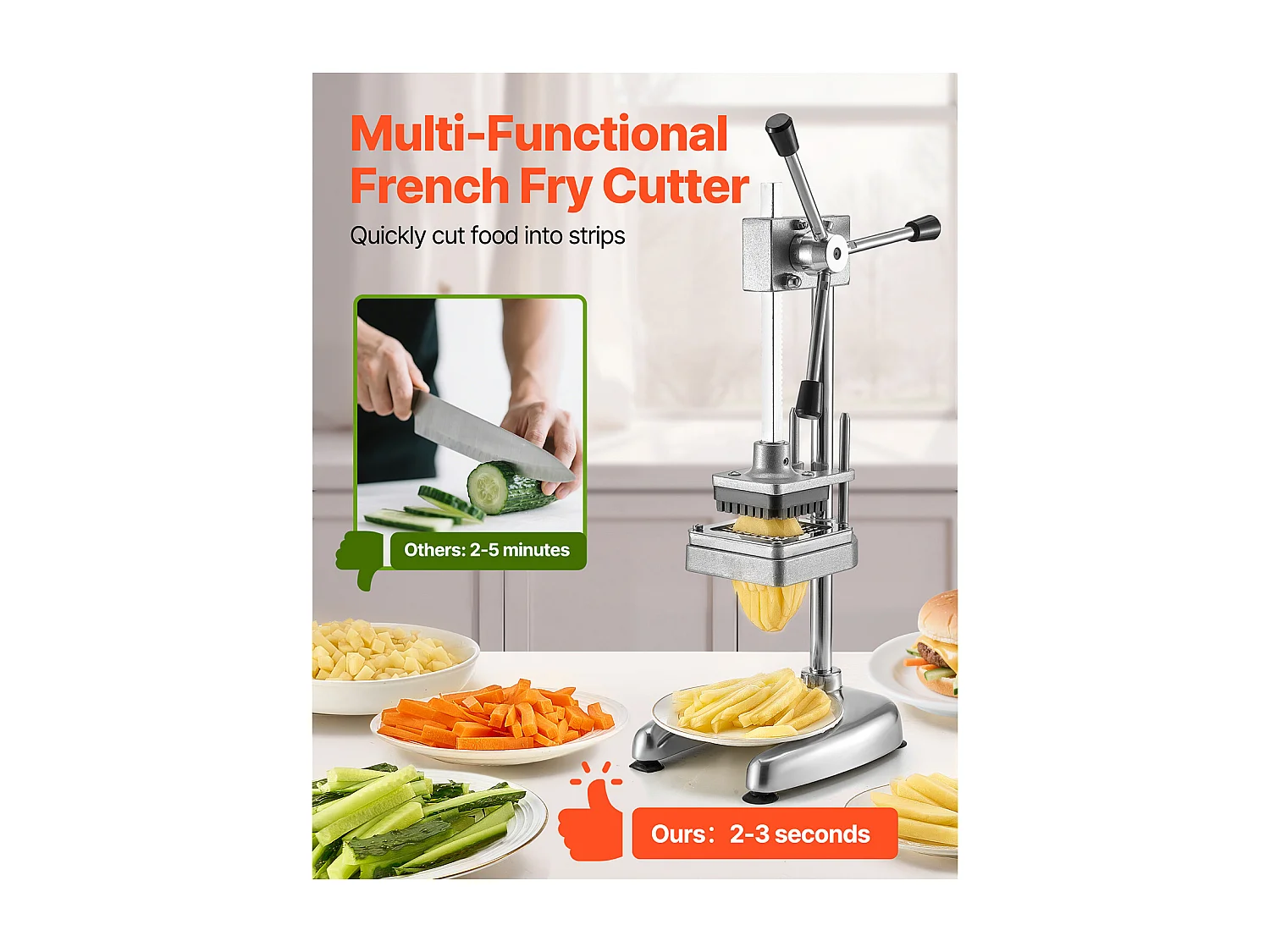 Coupe-Frites Pomme SucceBuy de Terre Professionnel Manuel, Coupe-Légumes et Fruits Multifonction, avec 3 Lames de Rechange 12,7 mm, 9,5 mm, 6,4 mm