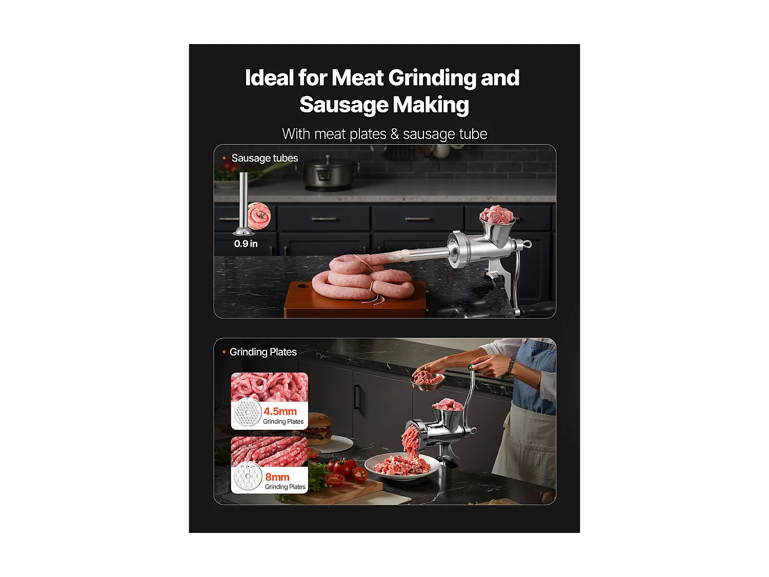 Tritacarne SucceBuy Manuale in Acciaio Inox 304, Tritacarne Manuale a Manovella con Morsetto da Tavolo, Imbottitore per Salsicce con 2 Piastre di Macinazione