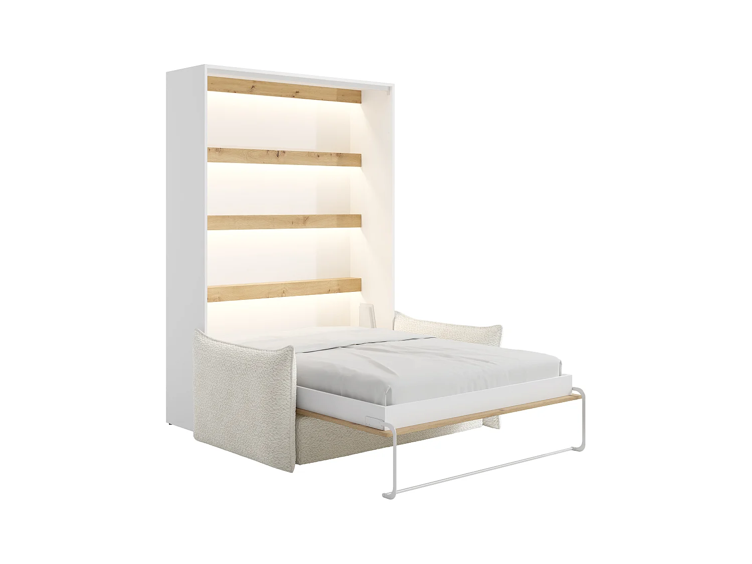 Nedfällbar säng 140 x 200 cm - Manuell vertikal öppning - Med LED-belysning - Vit och naturlig + Soffa - RAPILI