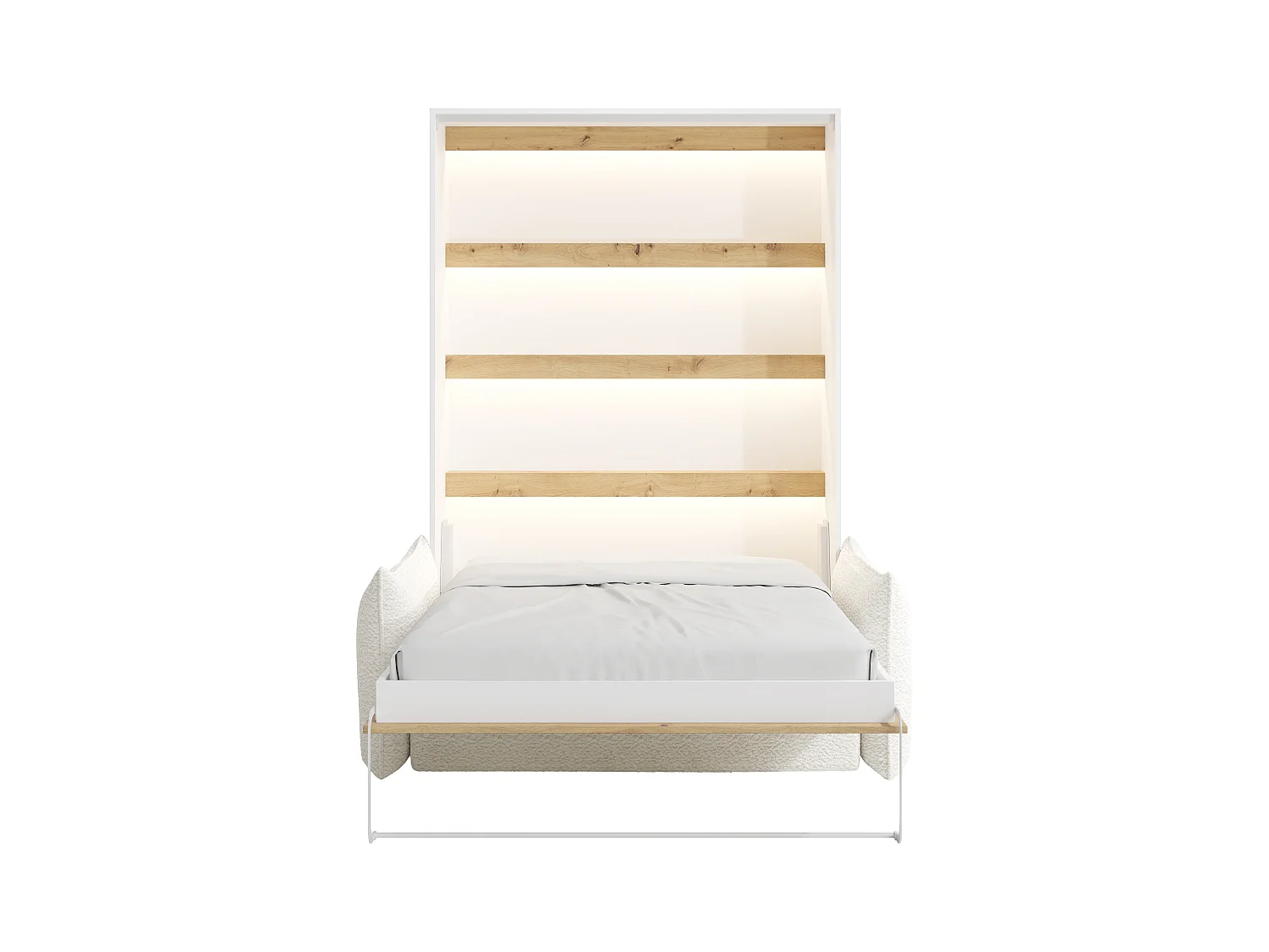 Nedfällbar säng 140 x 200 cm - Manuell vertikal öppning - Med LED-belysning - Vit och naturlig + Soffa - RAPILI