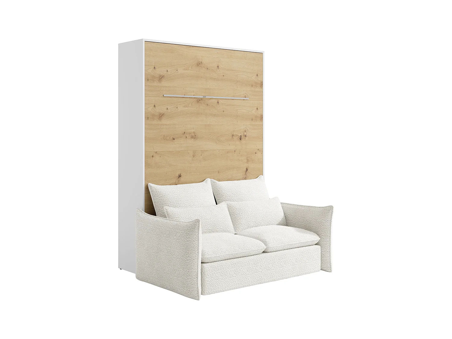 Nedfällbar säng 140 x 200 cm - Manuell vertikal öppning - Med LED-belysning - Vit och naturlig + Soffa - RAPILI