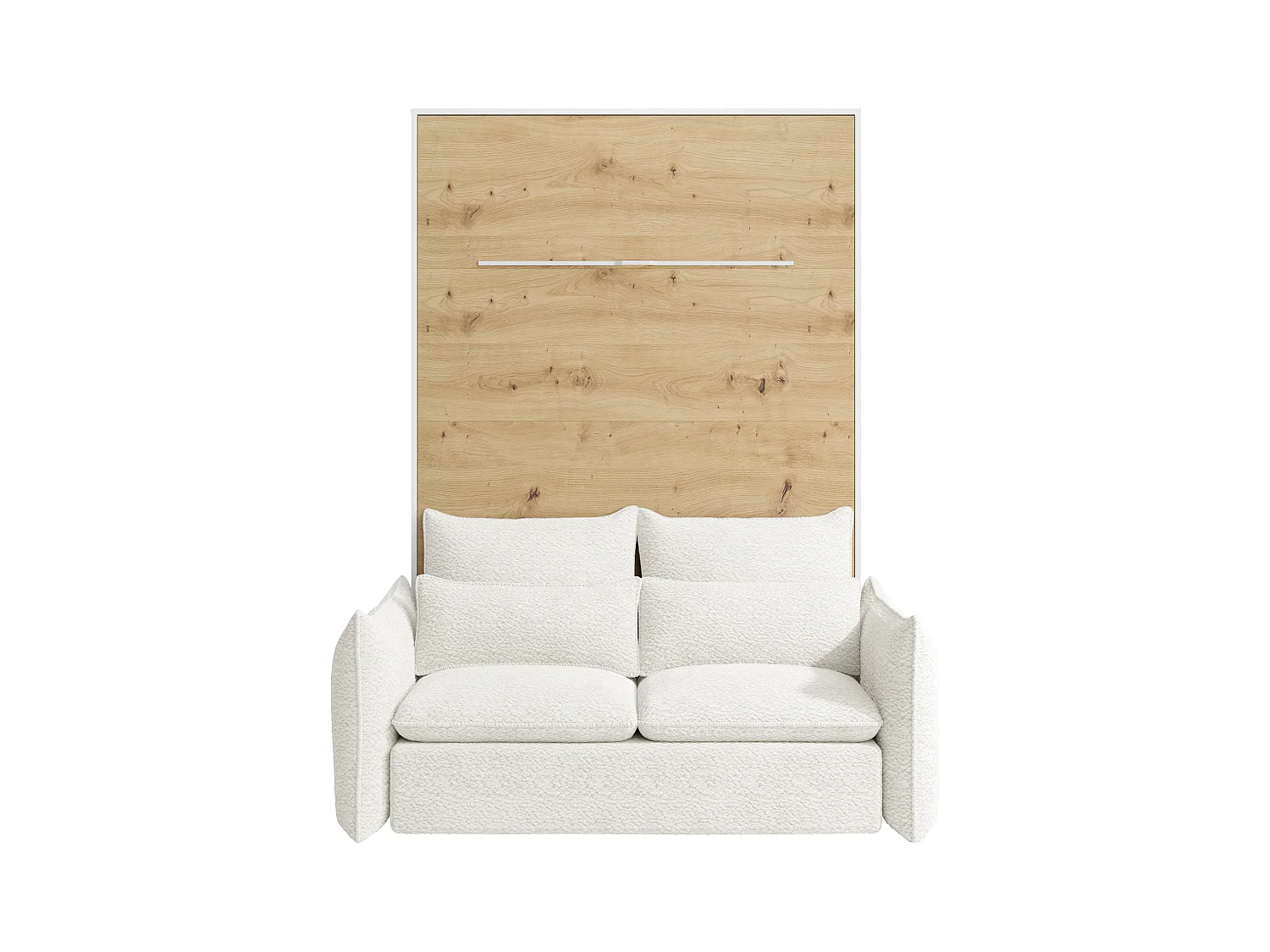 Nedfällbar säng 140 x 200 cm - Manuell vertikal öppning - Med LED-belysning - Vit och naturlig + Soffa - RAPILI