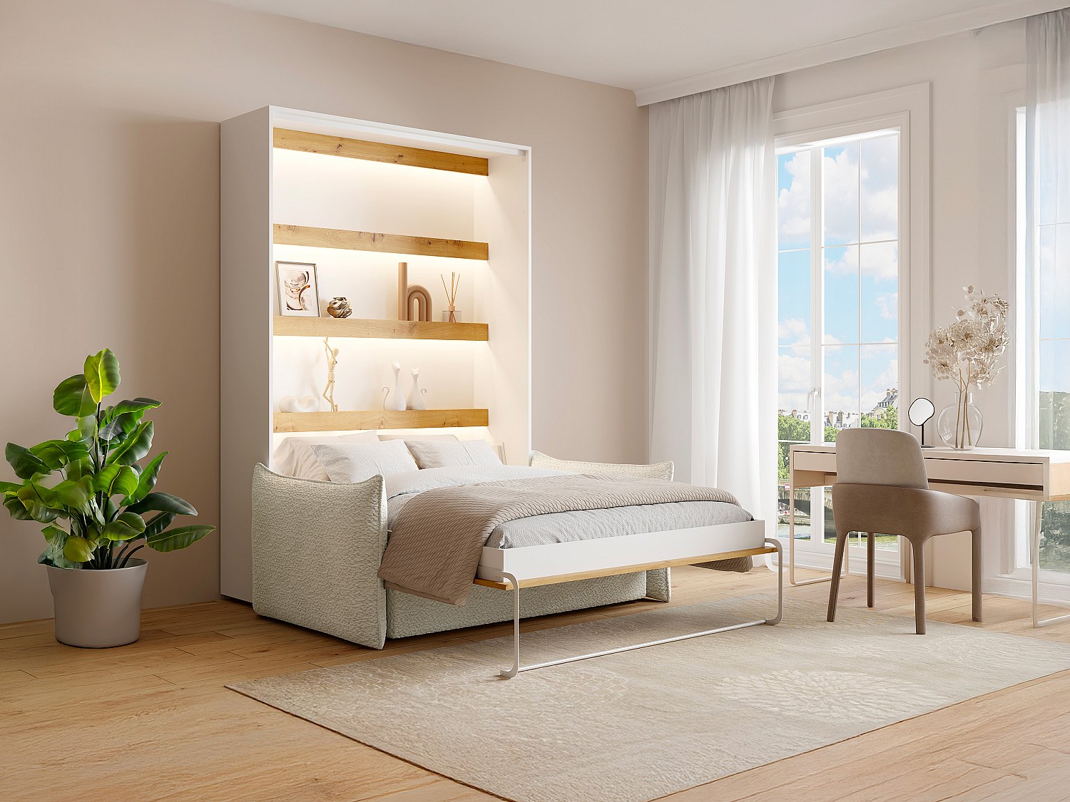 Schrankbett 140 x 200 cm - Manuelle vertikale Öffnung - Mit LEDs - Weiß & N günstig online kaufen