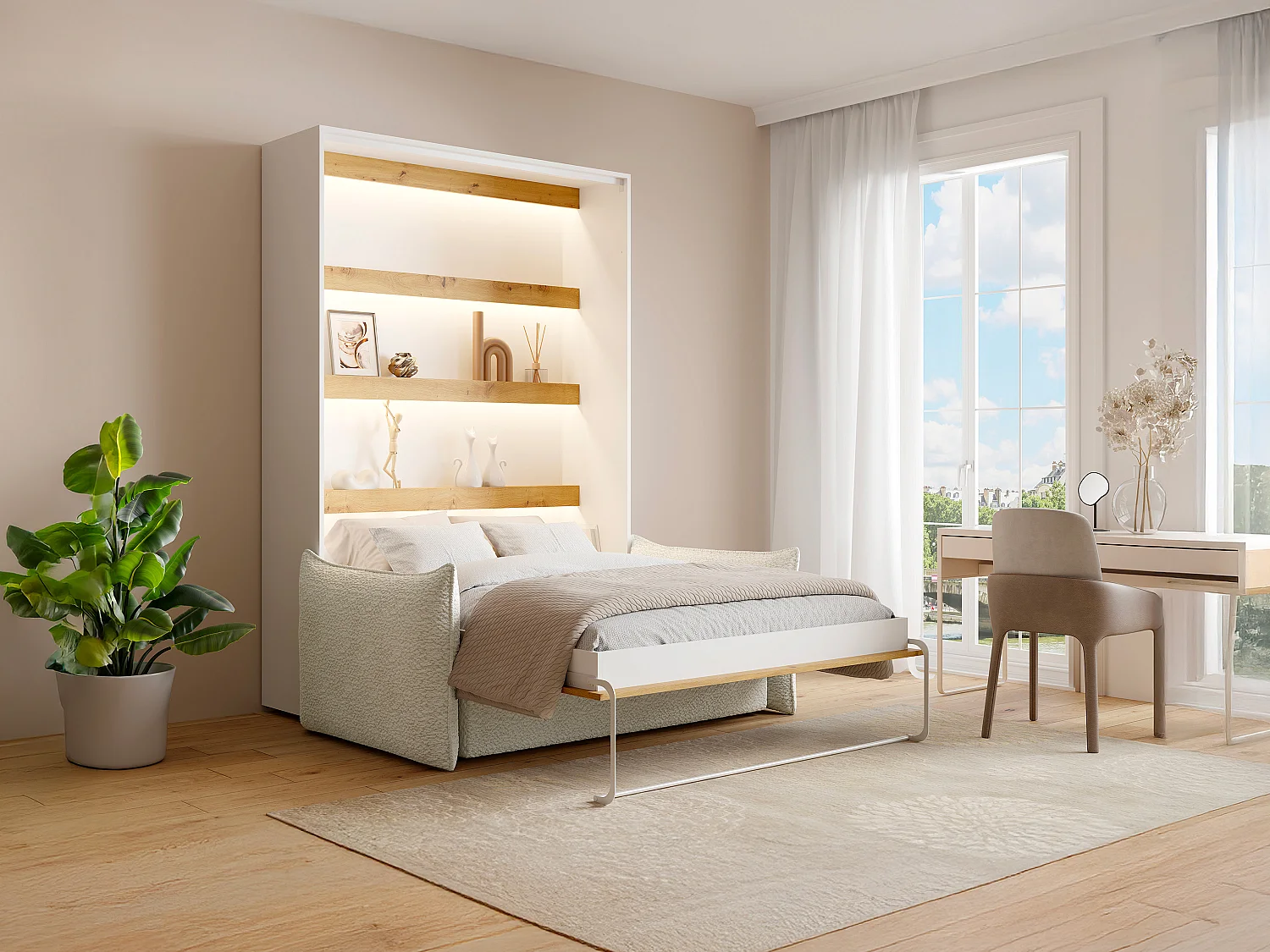 Lit escamotable 140 x 200 cm - Ouverture verticale manuelle - Avec LEDs - Blanc et naturel + Canapé - RAPILI