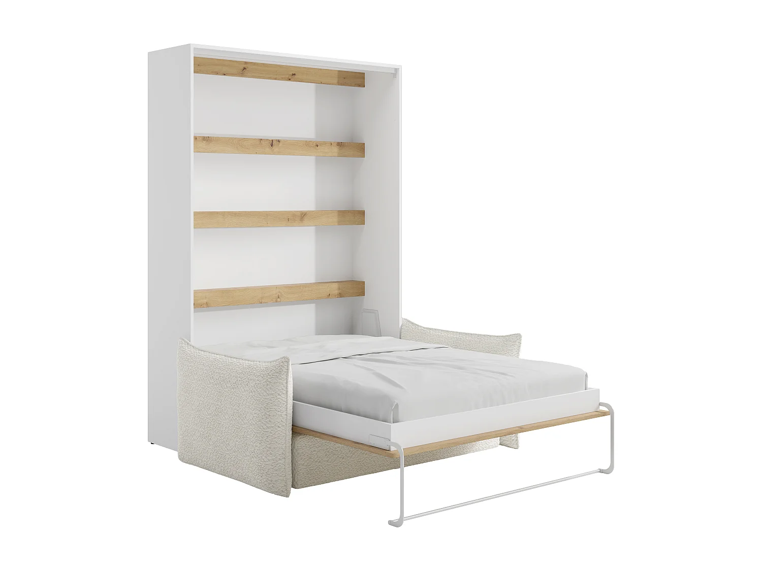 Lit escamotable 140 x 200 cm - Ouverture verticale manuelle - Avec LEDs - Blanc et naturel + Canapé + Matelas - RAPILI