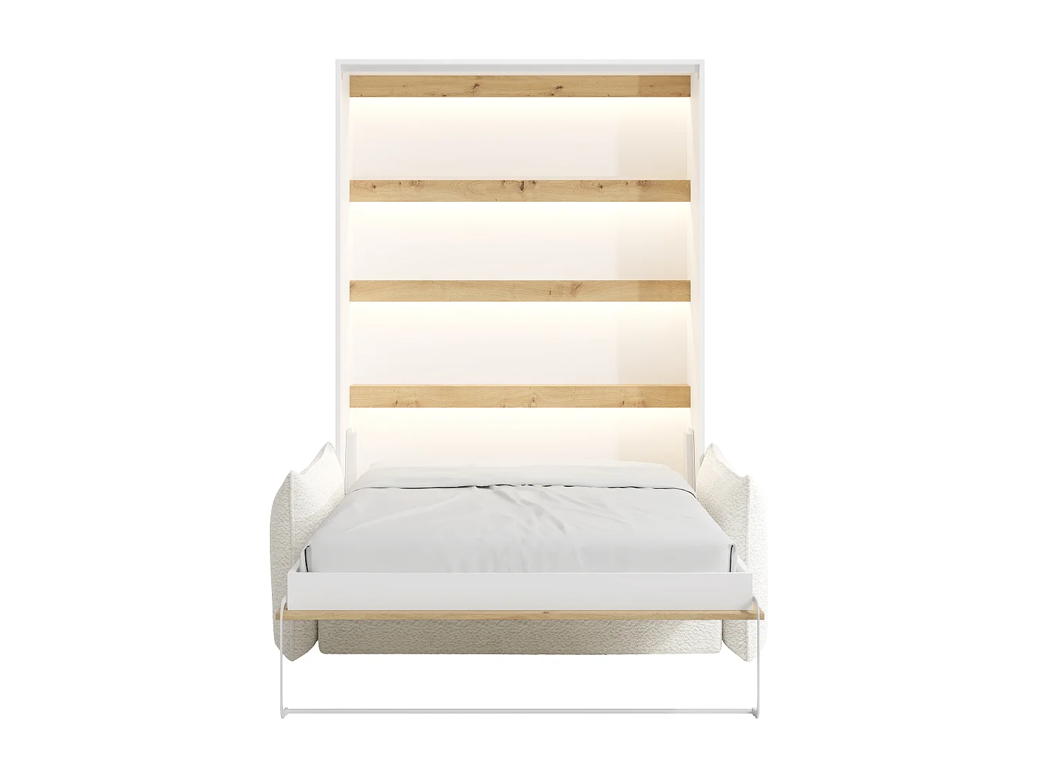 Lit escamotable 140 x 200 cm - Ouverture verticale manuelle - Avec LEDs - Blanc et naturel + Canapé + Matelas - RAPILI