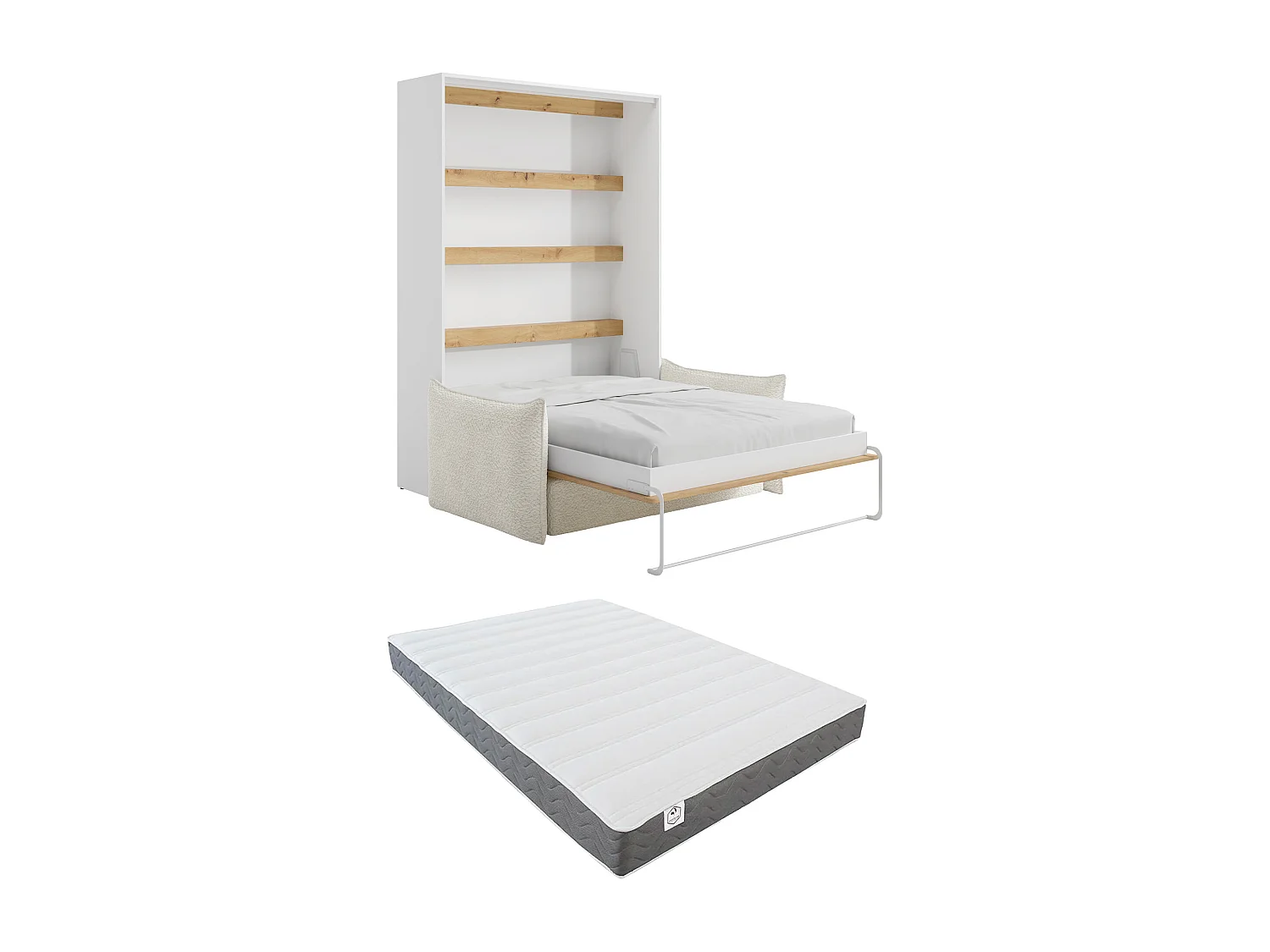 Lit escamotable 140 x 200 cm - Ouverture verticale manuelle - Avec LEDs - Blanc et naturel + Canapé + Matelas - RAPILI