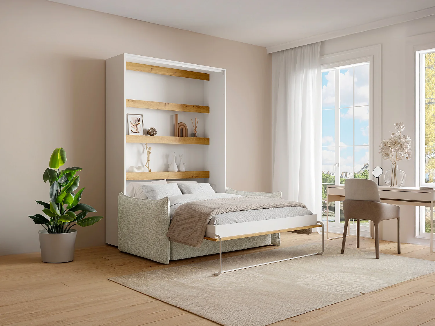 Lit escamotable 140 x 200 cm - Ouverture verticale manuelle - Avec LEDs - Blanc et naturel + Canapé + Matelas - RAPILI