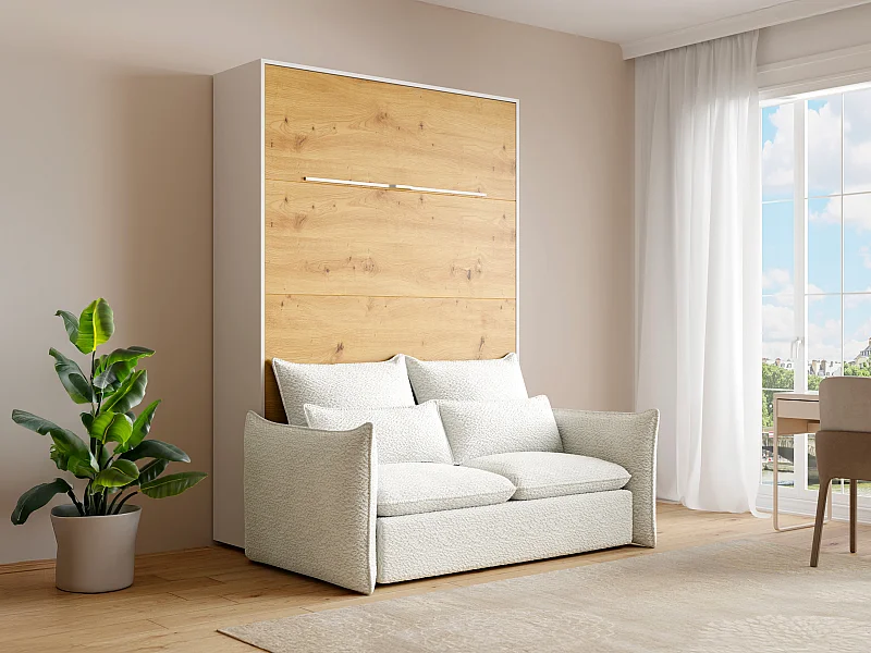 Lit escamotable 140 x 200 cm - Ouverture verticale manuelle - Avec LEDs - Blanc et naturel + Canapé + Matelas - RAPILI