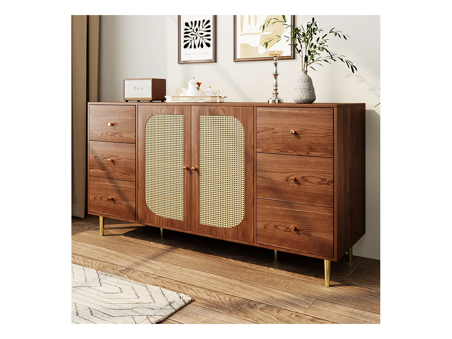 Buffet marron - Buffet avec 6 tiroirs et 2 portes - design artisanal en rotin