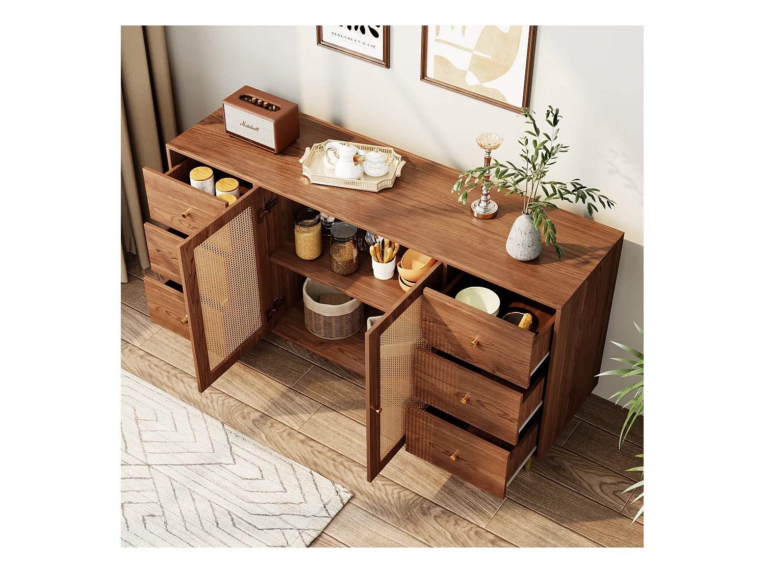 Buffet marron - Buffet avec 6 tiroirs et 2 portes - design artisanal en rotin