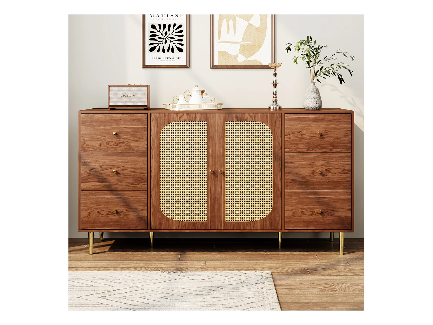 Buffet marron - Buffet avec 6 tiroirs et 2 portes - design artisanal en rotin
