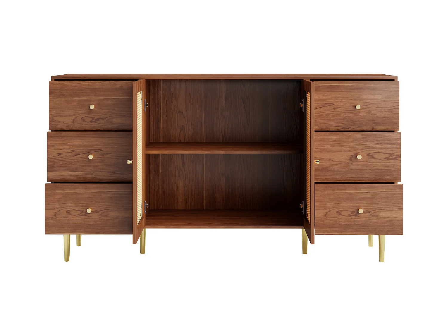Buffet marron - Buffet avec 6 tiroirs et 2 portes - design artisanal en rotin