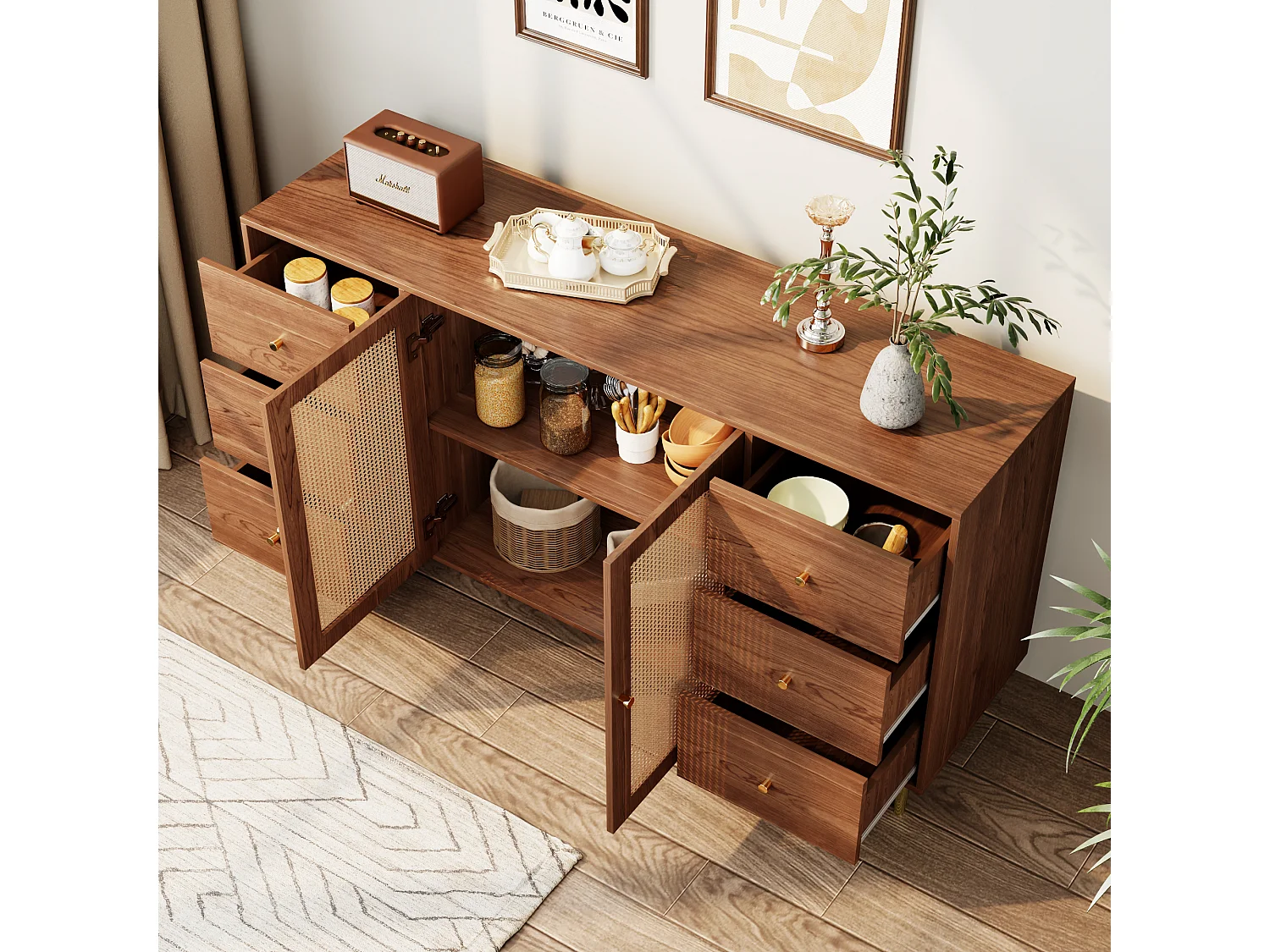 Buffet marron - Buffet avec 6 tiroirs et 2 portes - design artisanal en rotin