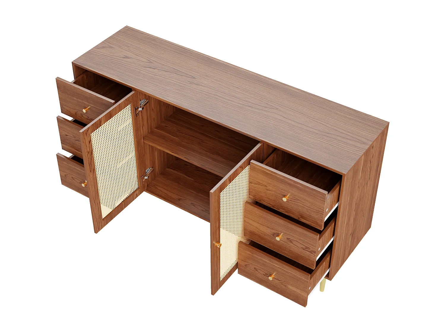 Buffet marron - Buffet avec 6 tiroirs et 2 portes - design artisanal en rotin